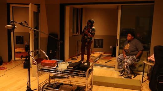 Wide view of the studio live room during setup