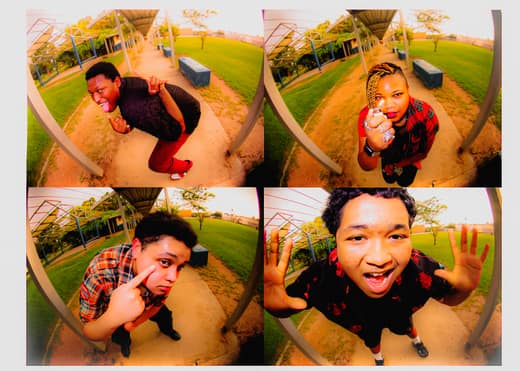 Four fisheye portraits of the band members arranged as a contact sheet